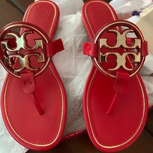 New Tory Burch Miller Leather Sandals Red Gold 7.5